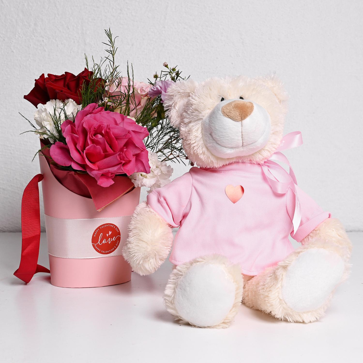 Валентајн Сет со Плишано Розево Мече & Букет во Кутија